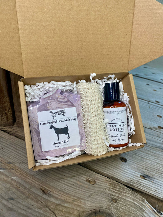 Customizable Mother’s Day gift box with handcrafted goat milk soap, lotion, and soap saver bag