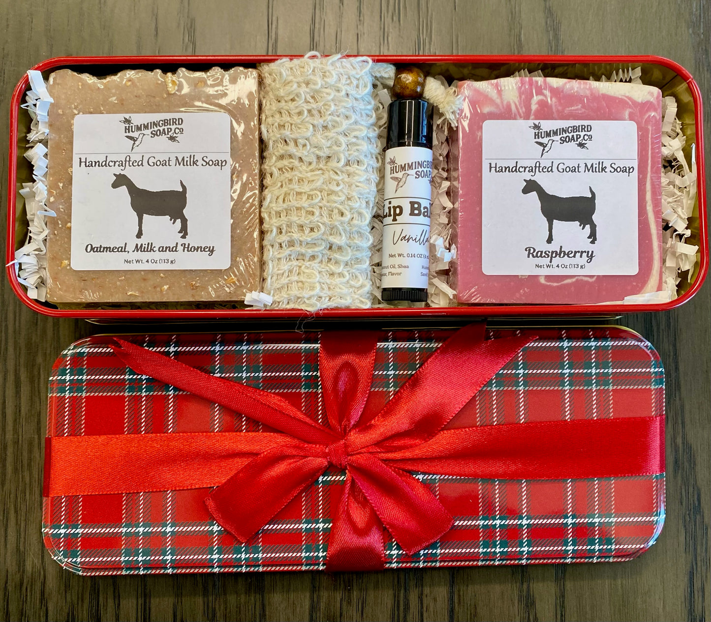 Plaid Pattern Gift Tin - 2 Soaps, Lip Balm, and Soap Saver Bag