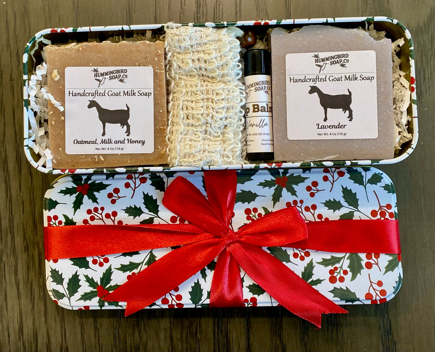 Holly Pattern Gift Tin - 2 Soaps, Lip Balm, and Soap Saver Bag
